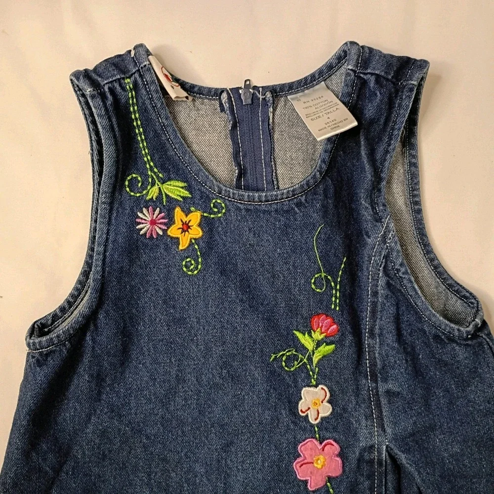 Vintage‎ Duck Head Denim Jumper Dress Flowers Girls Size 4 Embroidered Zipper